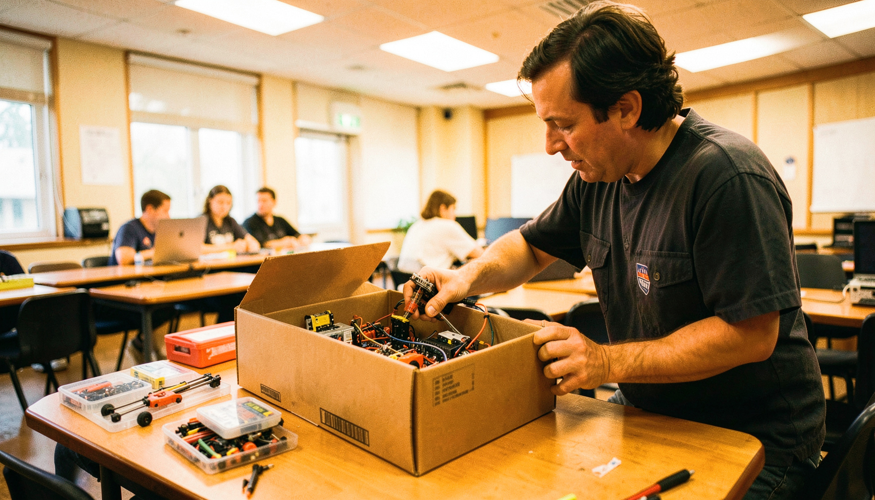 A facilitator unpacking a lending kit box filled with robotics equipment on a classroom table, bright fluorescent lighting